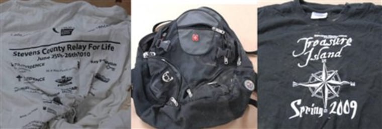 These are the T-shirts and backpack found along a parade route in Spokane, Wash., on Monday.